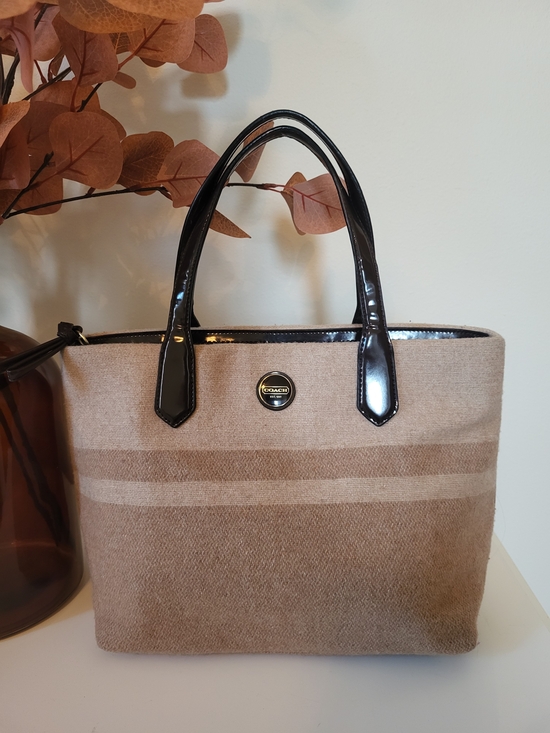 Coach Handbags - Coach Signature Stripe Wool Tote Bag with Brown Patent Handles